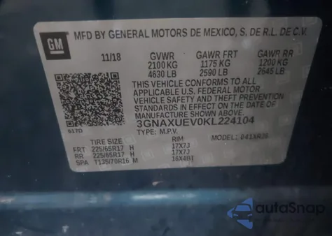 2019 Chevrolet Equinox Lt from USA, damaged, VIN 3GNAXUEV0KL224104